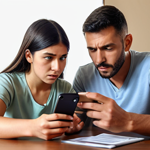 Home 8 A family sitting at a table, reviewing their household budget using a mobile budgeting app, with a determined yet hopeful expression.