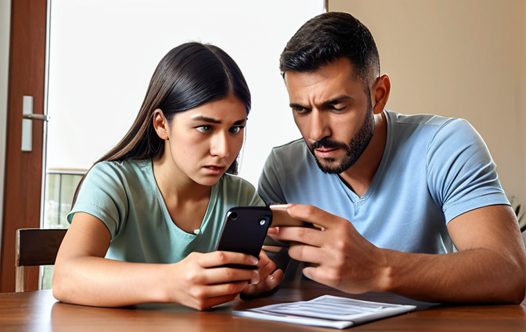 A family sitting at a table, reviewing their household budget using a mobile budgeting app, with a determined yet hopeful expression.